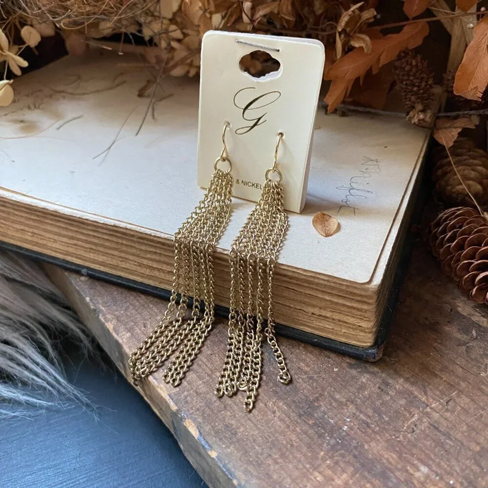 Brand New Chain Fringe Long Gold Tone Earrings